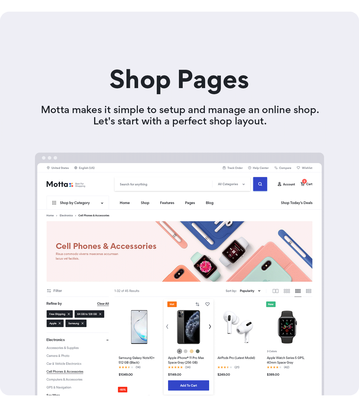Motta WooCommerce theme - Perfect Shop page layout