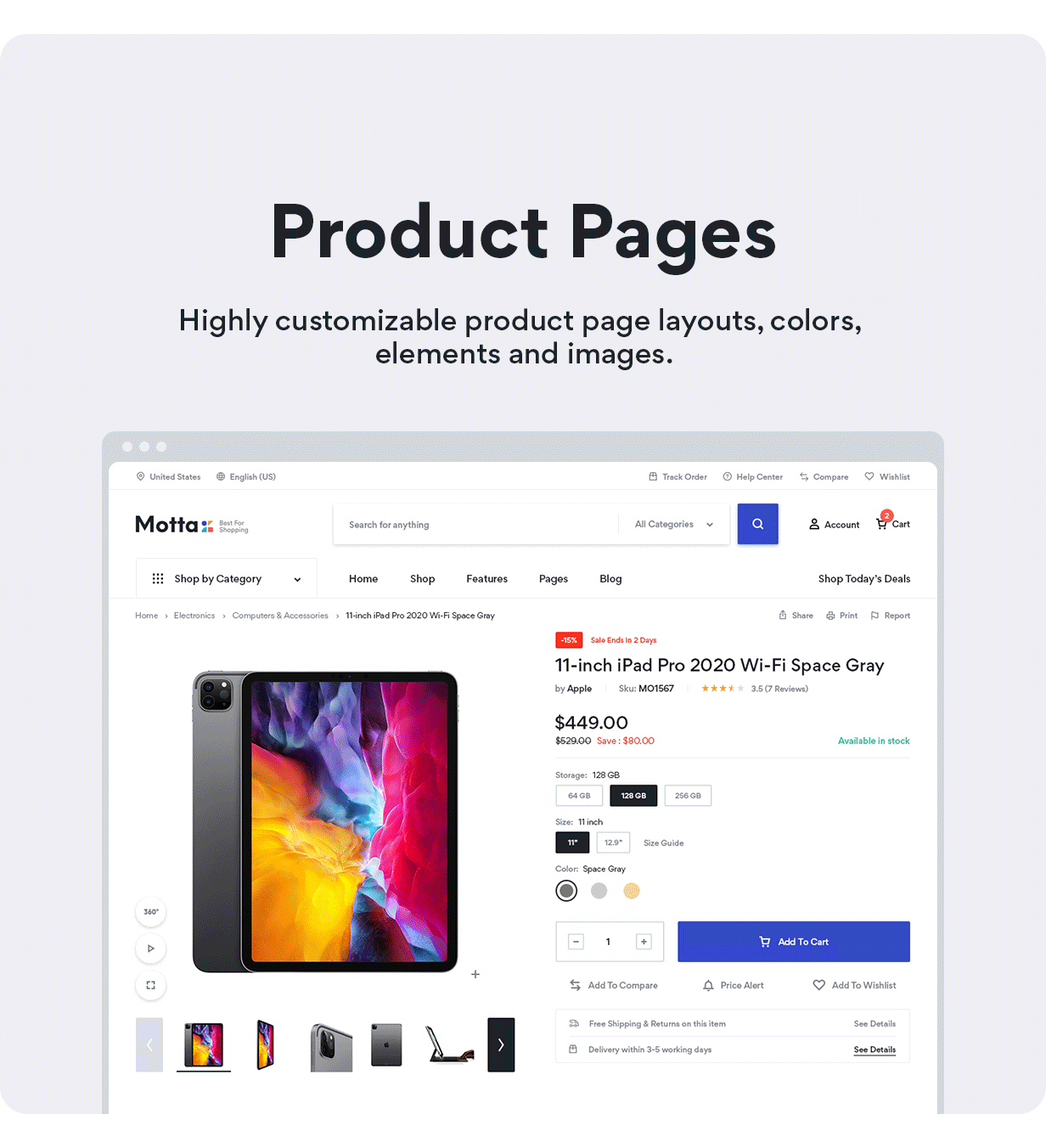 Motta WooCommerce theme - Highly customizable product page layouts