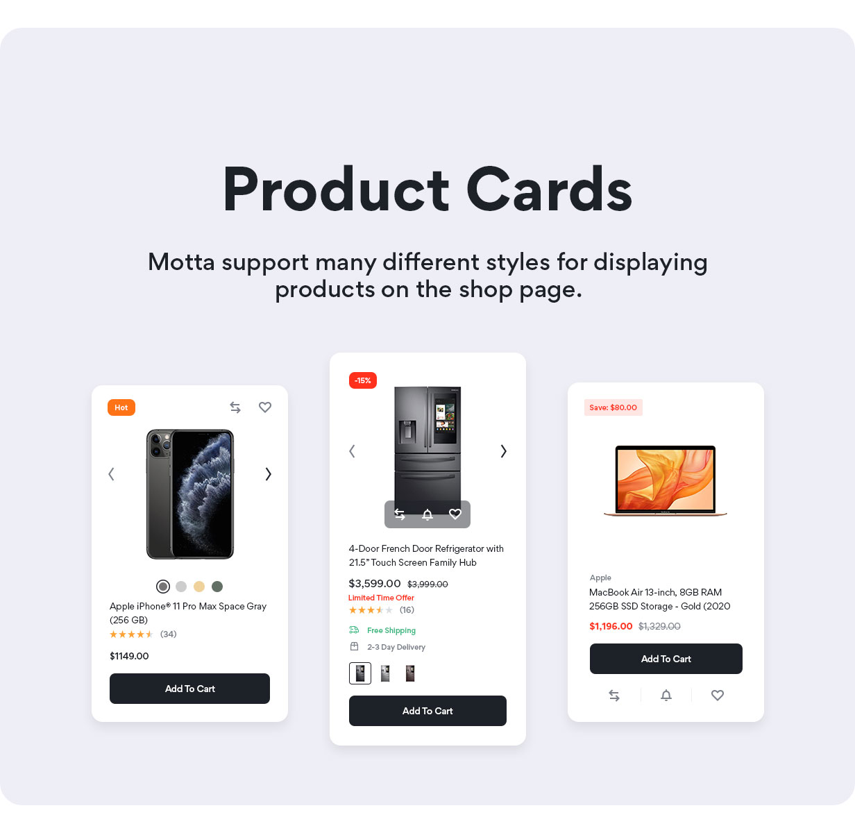 Motta WooCommerce theme - Many variations of product cards layout
